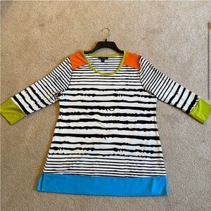 NWOT Black & White Striped Top with Orange and Blue Color Blocks, Zebra Print,XL